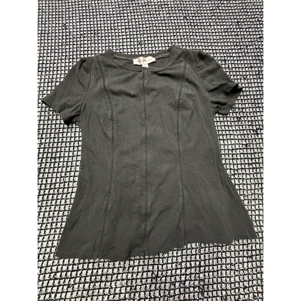 Catherine Malandrino Blouse Womens M Black Ladder Stitch Puff Sleeve